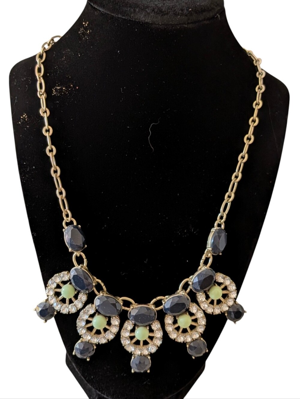 J.Crew Gold Tone Statement Necklace featuring green and navy blue stones
